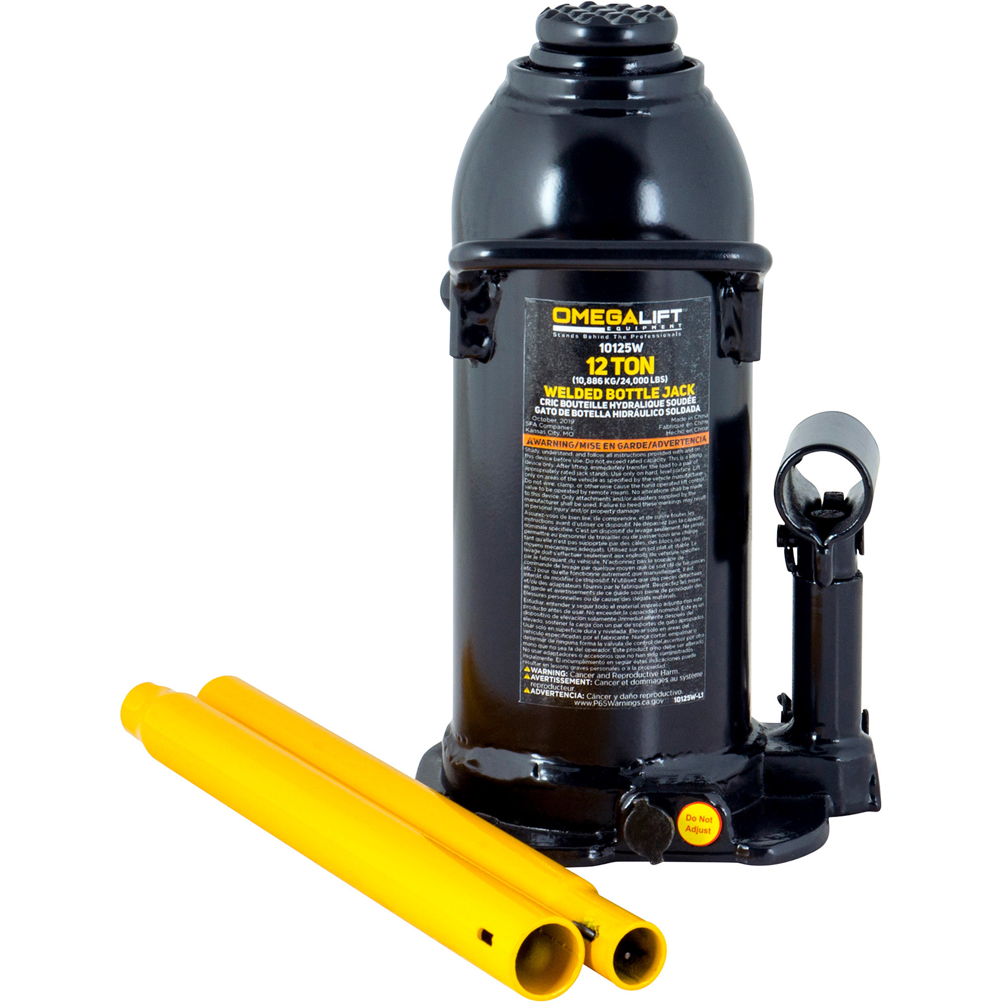 Omega 12-Ton Hydraulic Welded Bottle Jack, Model# 10125W